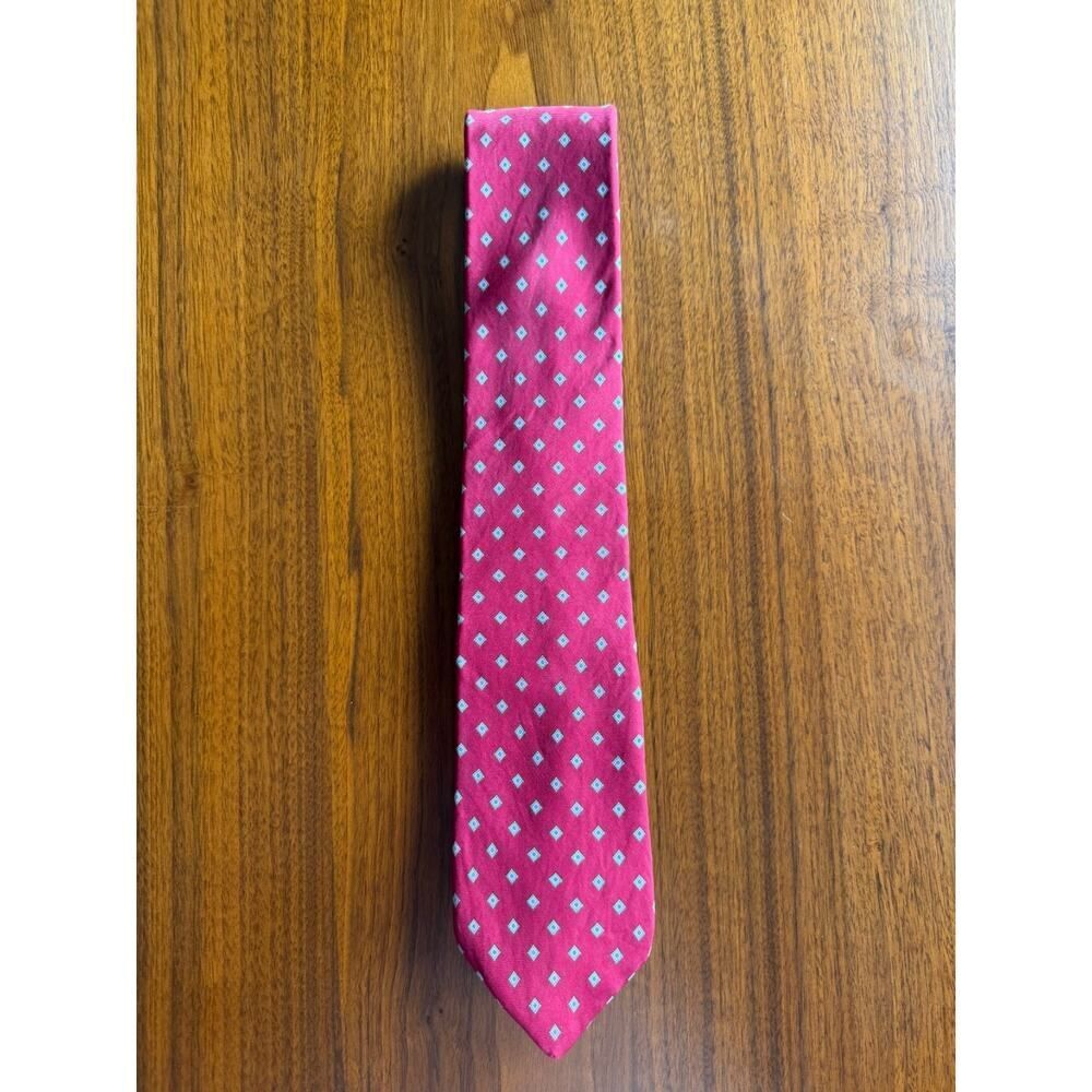 Liberty of London Red Silk Tie with Blue Diamond Medallion Pattern